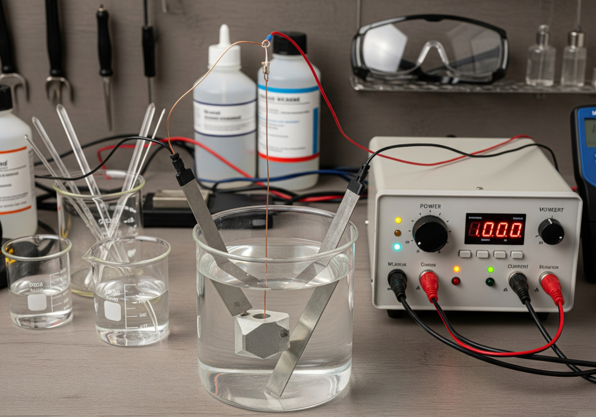 A 3D printed part suspended in an electroplating bath, showing the electrodes and power supply.