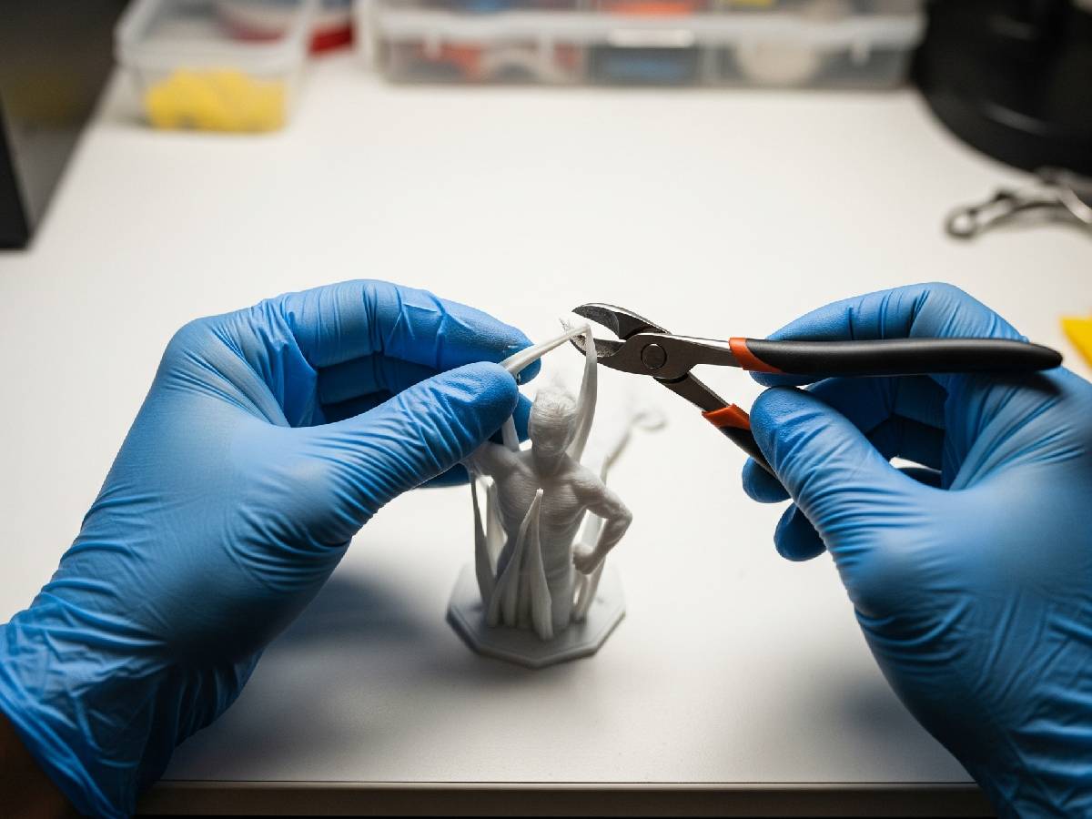 A complex 3D printed model with support structures being carefully removed.